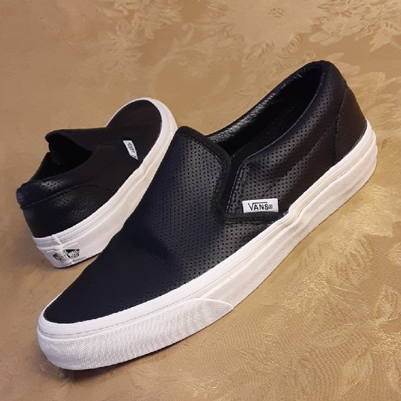 Vans Black Leather Perforated and White Slip-On Sneakers Women's 6.5 Men's 5.0 - Picture 1 of 10